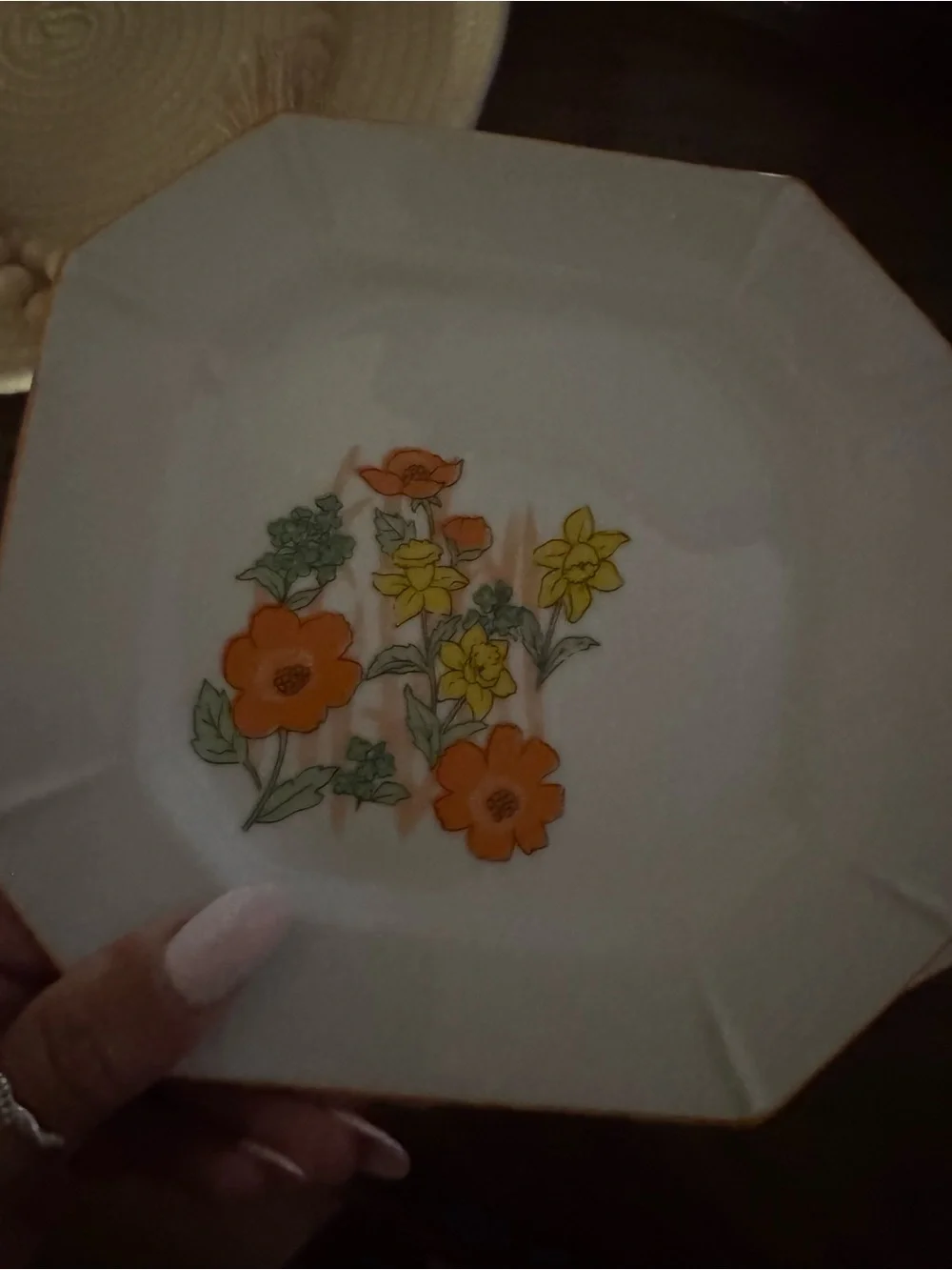 White Floral Octagonal Dinner Plate with Orange and Yellow Flowers